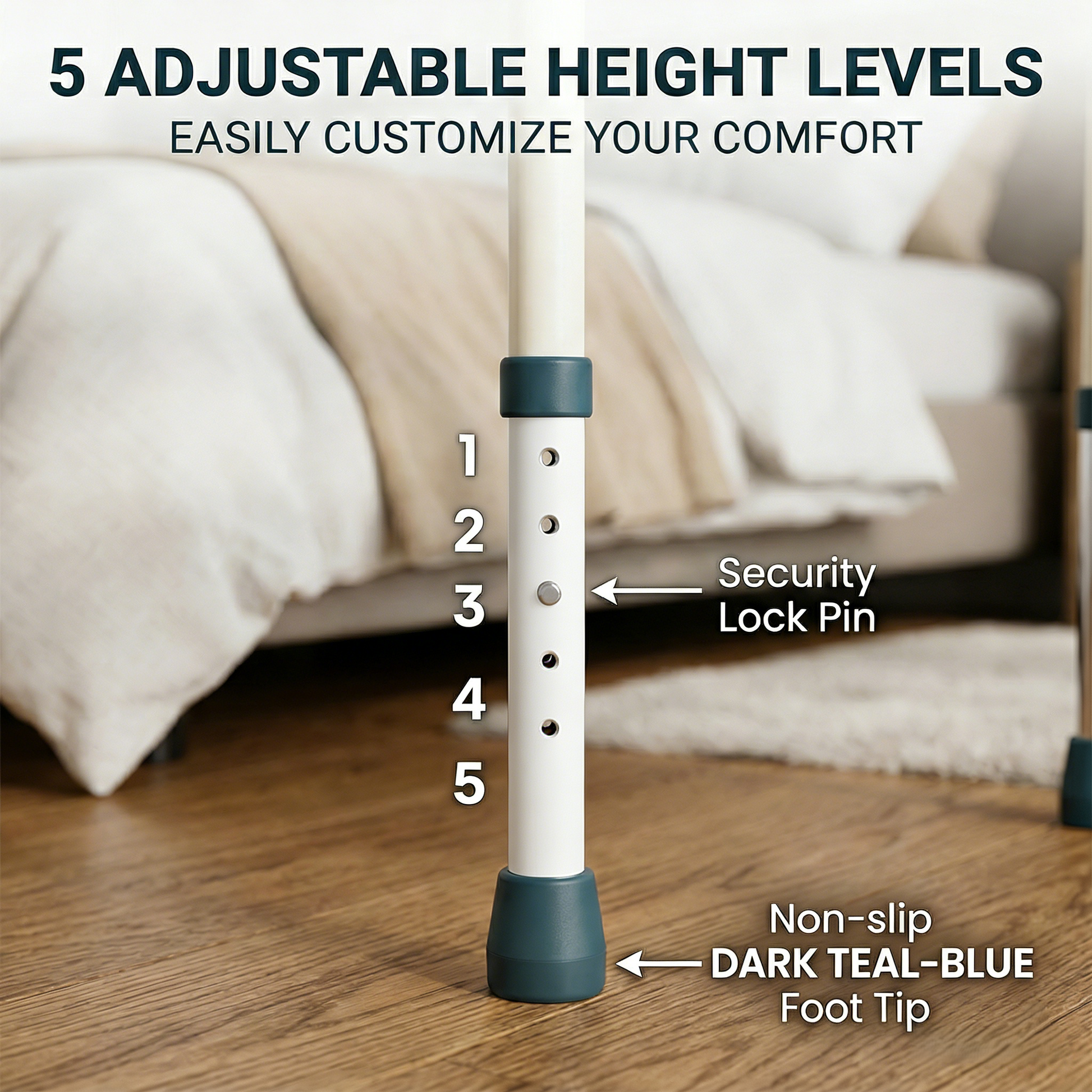 Adjustable height crutch with labeled features on a wooden floor.