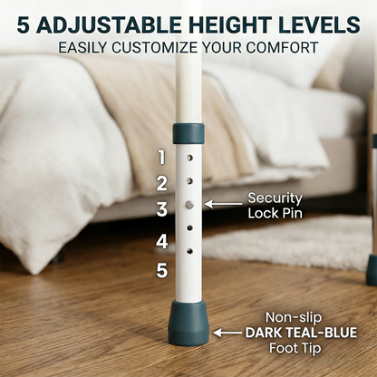 Adjustable height crutch with labeled features on a wooden floor.