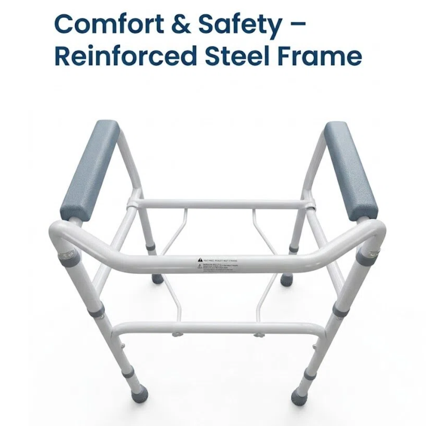 White walker with blue handles on a white background, featuring text about comfort, safety, and reinforced steel frame.