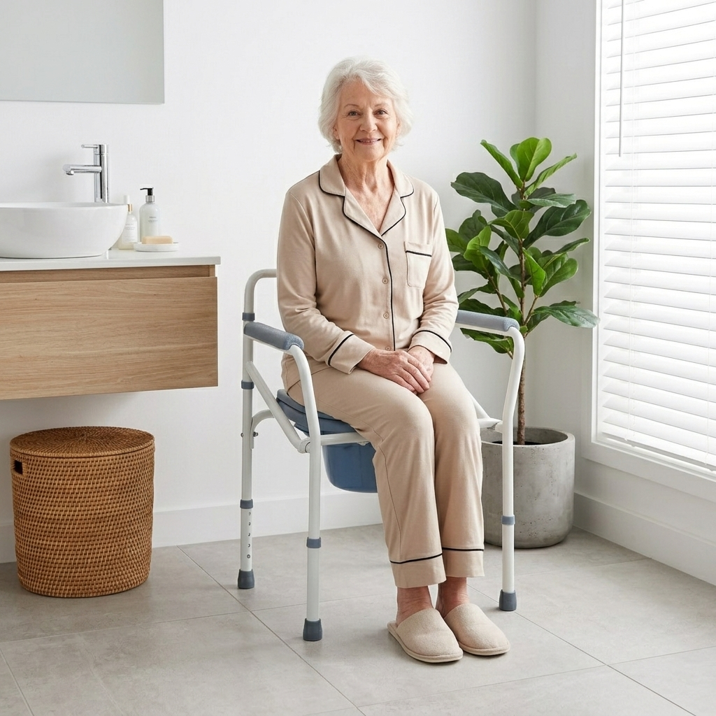 Woman sitting on a tioliet chair in a bathroom 