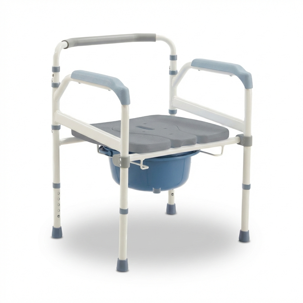 Medical commode Product overview of the Altus bedside commode chair, featuring a reinforced steel frame in white and grey, a padded grey seat, blue commode bucket, and non slip armrests for stable and comfortable support.e chair with blue seat and gray frame on a white background