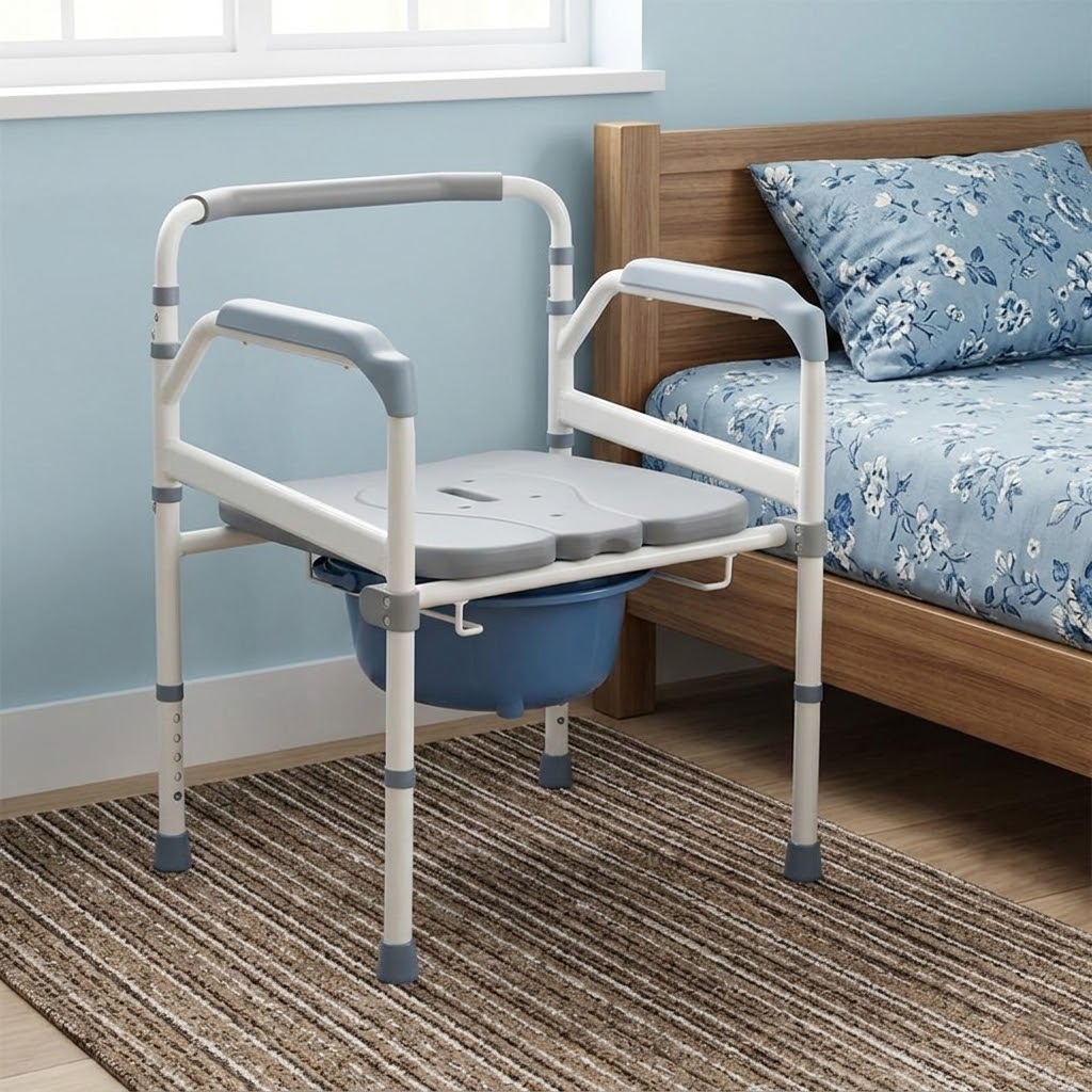 Bedside use of the Altus portable bedside commode, positioned next to a bed to provide convenient access for users with limited mobility.