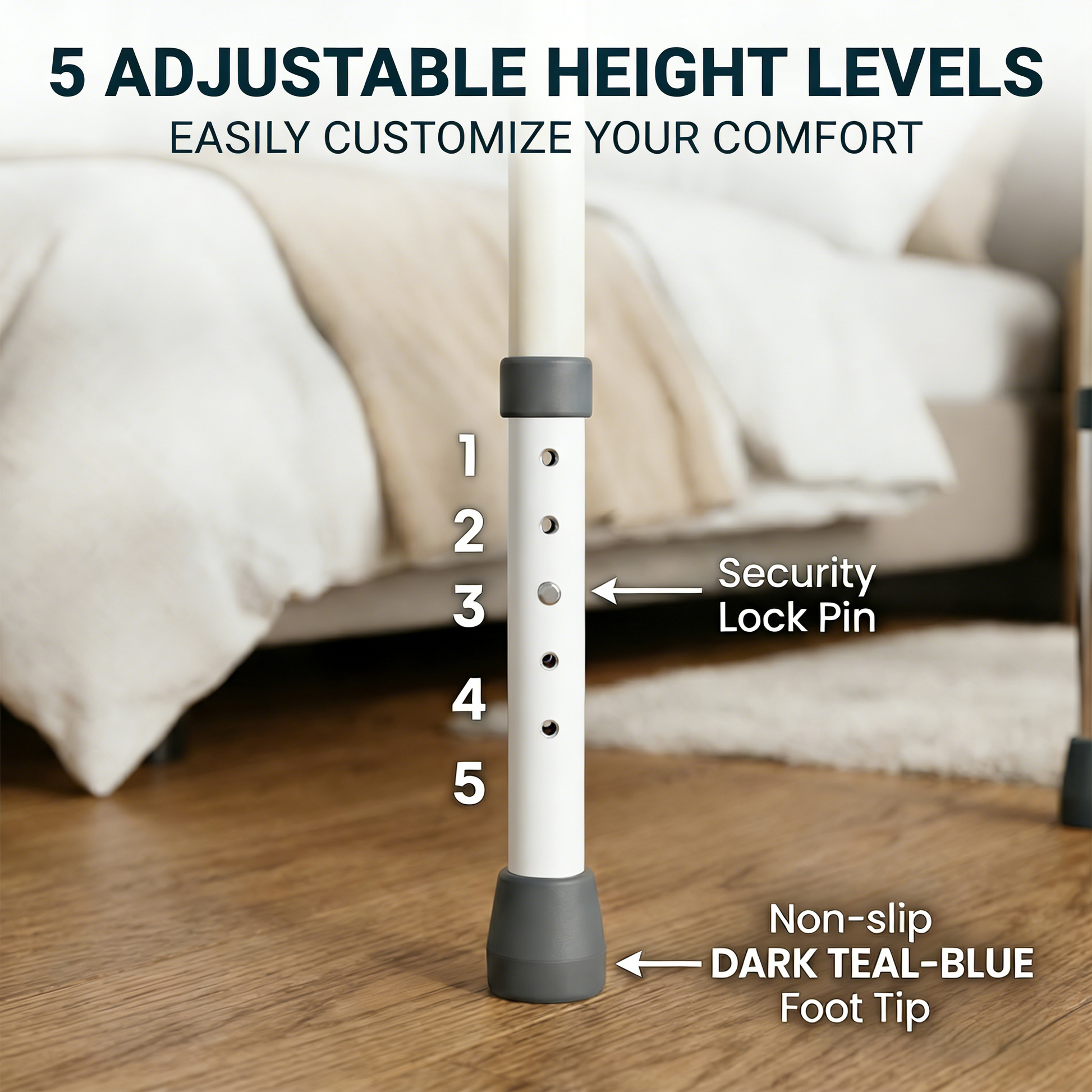 Height adjustable Altus commode chair with five height settings using a push button locking system and non slip rubber feet for secure positioning.