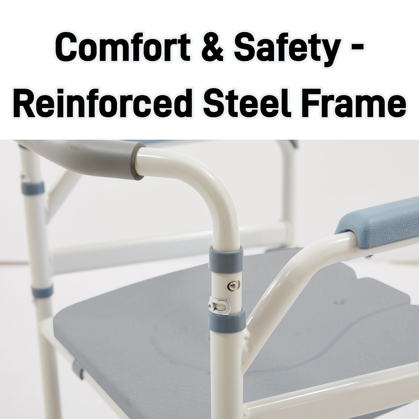 The Altus toilet commode for seniors features a reinforced steel tube frame with secure screw and clip connections, plus a padded non slip backrest for improved stability and comfort.