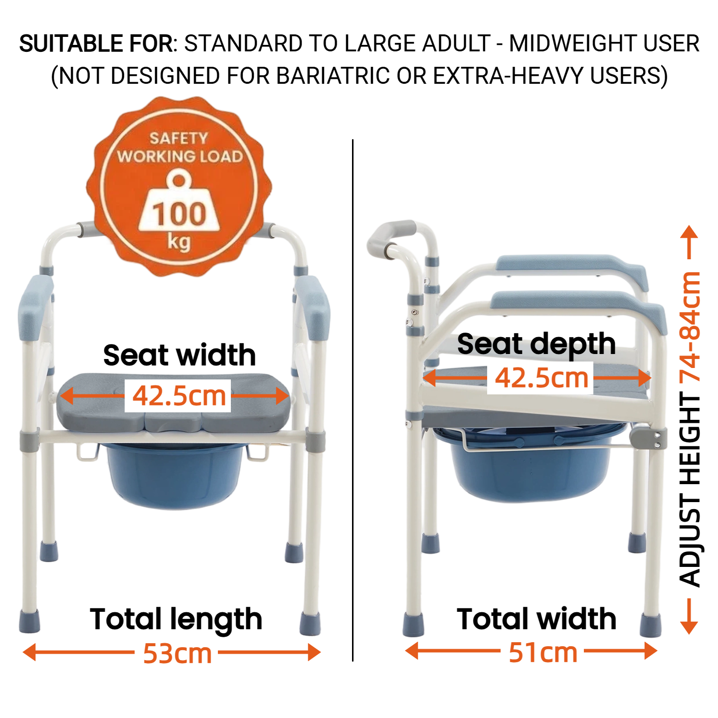 Specifications of the Altus adjustable commode chair: seat width and depth 42.5cm, overall length 53cm, width 51cm, adjustable height range 61–71cm, and maximum safe user weight 100kg.
