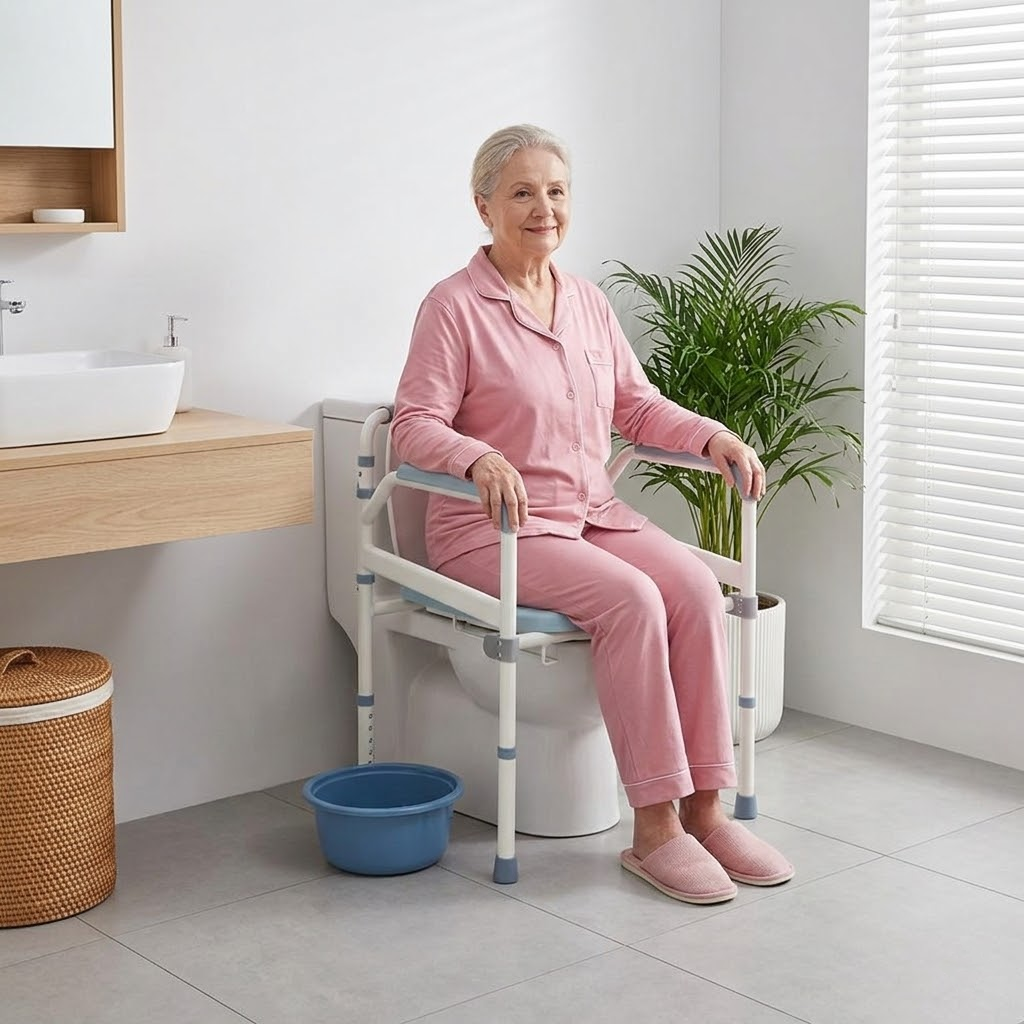 Bathroom use scene showing a senior woman seated on the Altus toilet commode chair placed over a toilet, with supportive armrests for safer sitting and standing.