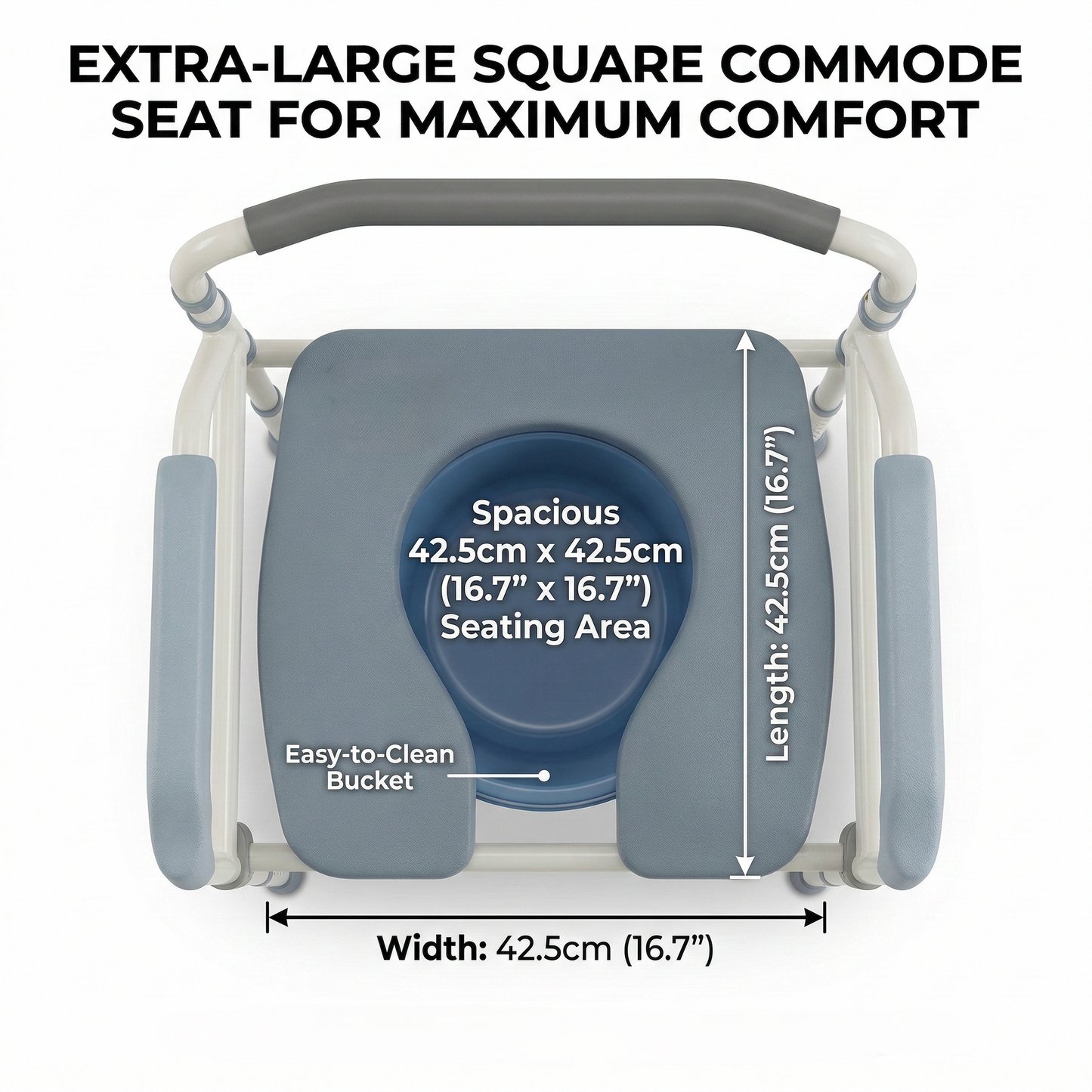 Large 42.5 × 42.5cm seat surface on the Altus commode chair improves comfort while the removable commode bucket with lid allows easy cleaning.