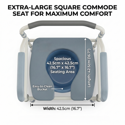 Large 42.5 × 42.5cm seat surface on the Altus commode chair improves comfort while the removable commode bucket with lid allows easy cleaning.