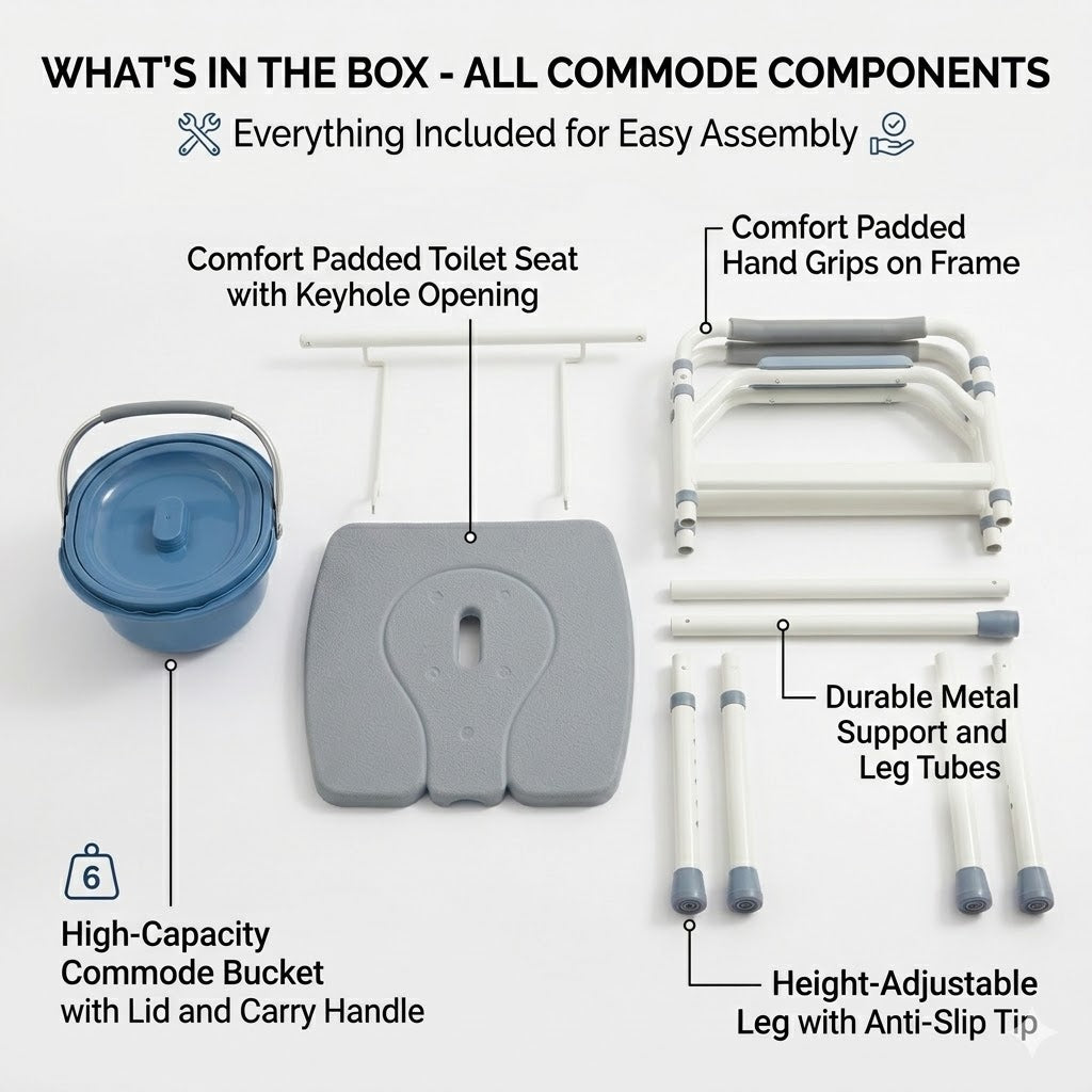 Open seat view of the Altus portable commode chair, showing the textured grey seat design and removable blue commode bucket for everyday hygiene use.