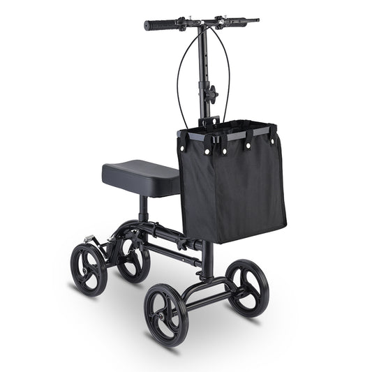 Knee Scooter : Showcases the knee scooter equipped with a comfortable cushion cover. The image emphasizes the scooter’s storage basket and adjustable features.