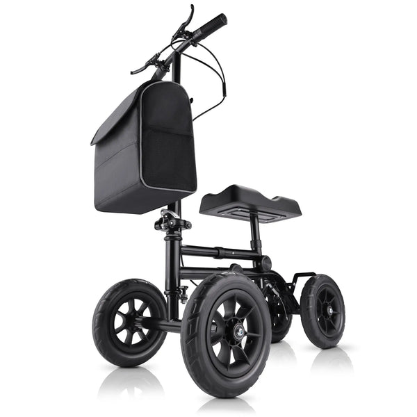 A high-quality image of the Altus knee scooter walker shown from the side. The knee scooter features large 10-inch wheels, a comfortable black knee pad, and a spacious front bag. The design is sleek and sturdy, highlighting the knee scooter's practicality for both indoor and outdoor use.