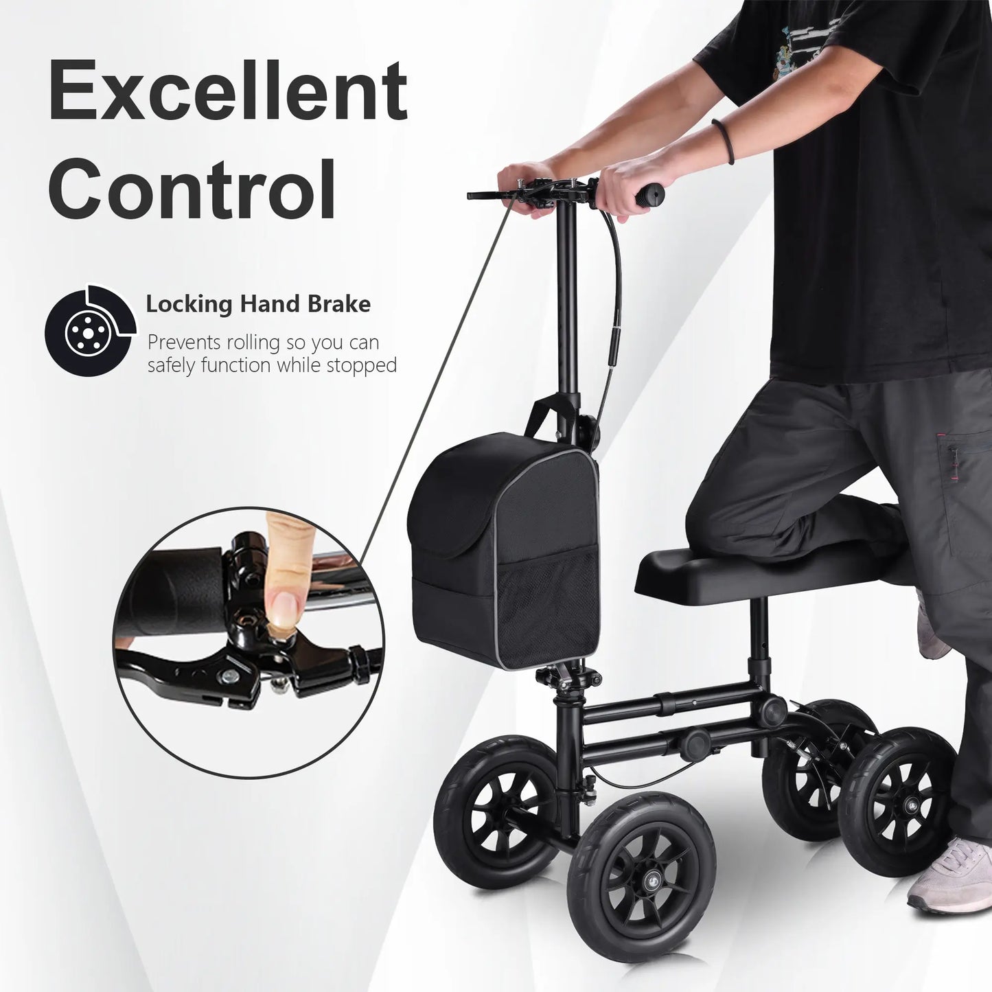 Close-up of the knee walker's locking hand brake. The image showcases the excellent control feature that prevents the walker from rolling when stationary. A person is shown operating the brake, emphasizing its easy use and reliability.