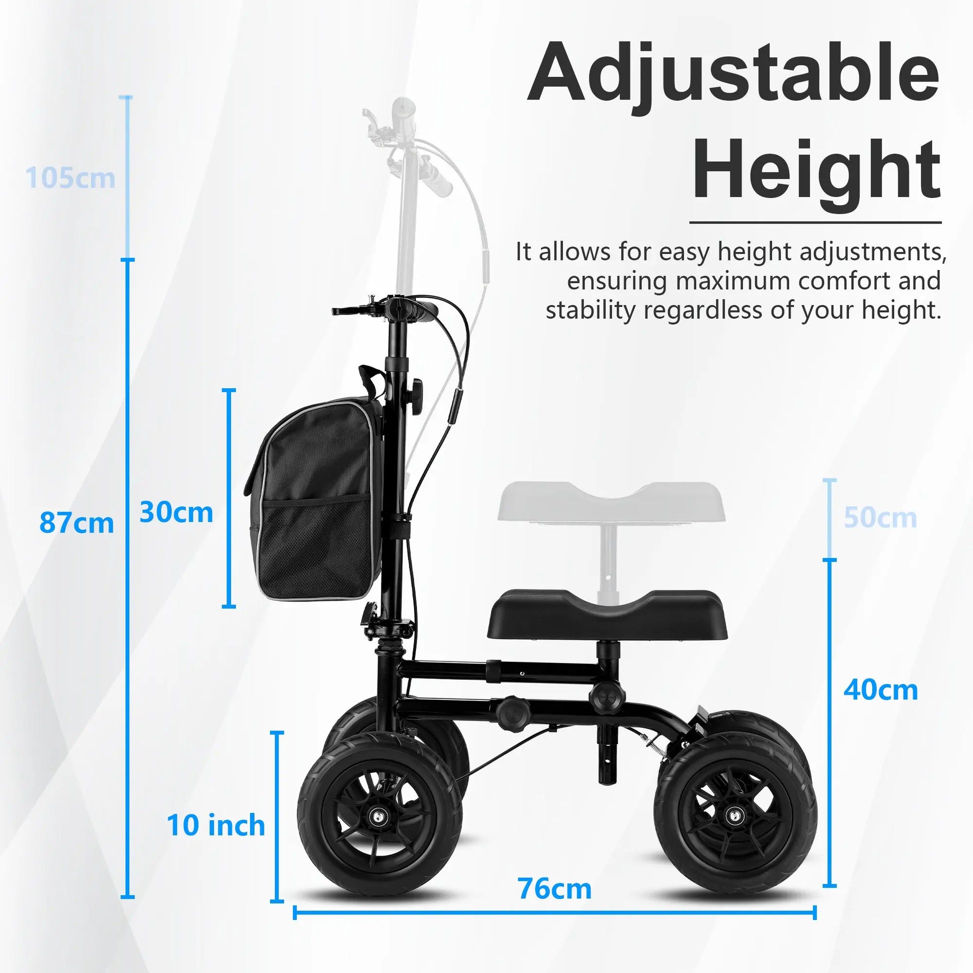 An image showing the adjustable height feature of the knee walker, with clear indicators for the range of adjustments. This ensures maximum comfort and stability for users of different heights, enhancing the walker's adaptability.