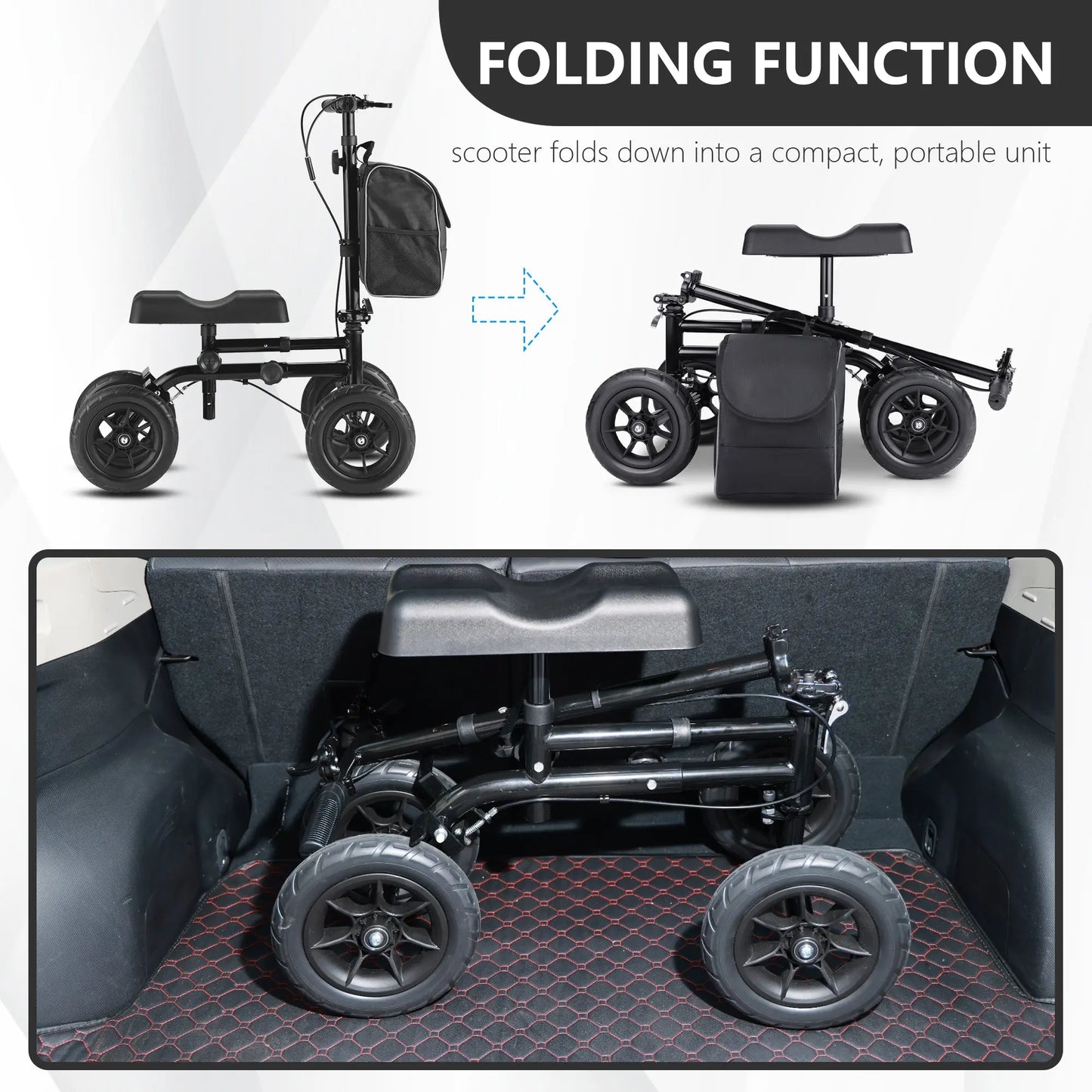 The knee walker is displayed in both its operational and folded states, illustrating its compact folding capability. The folded knee walker fits neatly into a car trunk, highlighting its convenience for transport and storage.