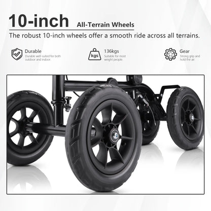 A detailed diagram showing the knee walker's dimensions, including adjustable height ranges for the handlebars (87-105 cm) and knee pad (40-50 cm). The image also provides other measurements, ensuring users can see how the walker fits their needs.