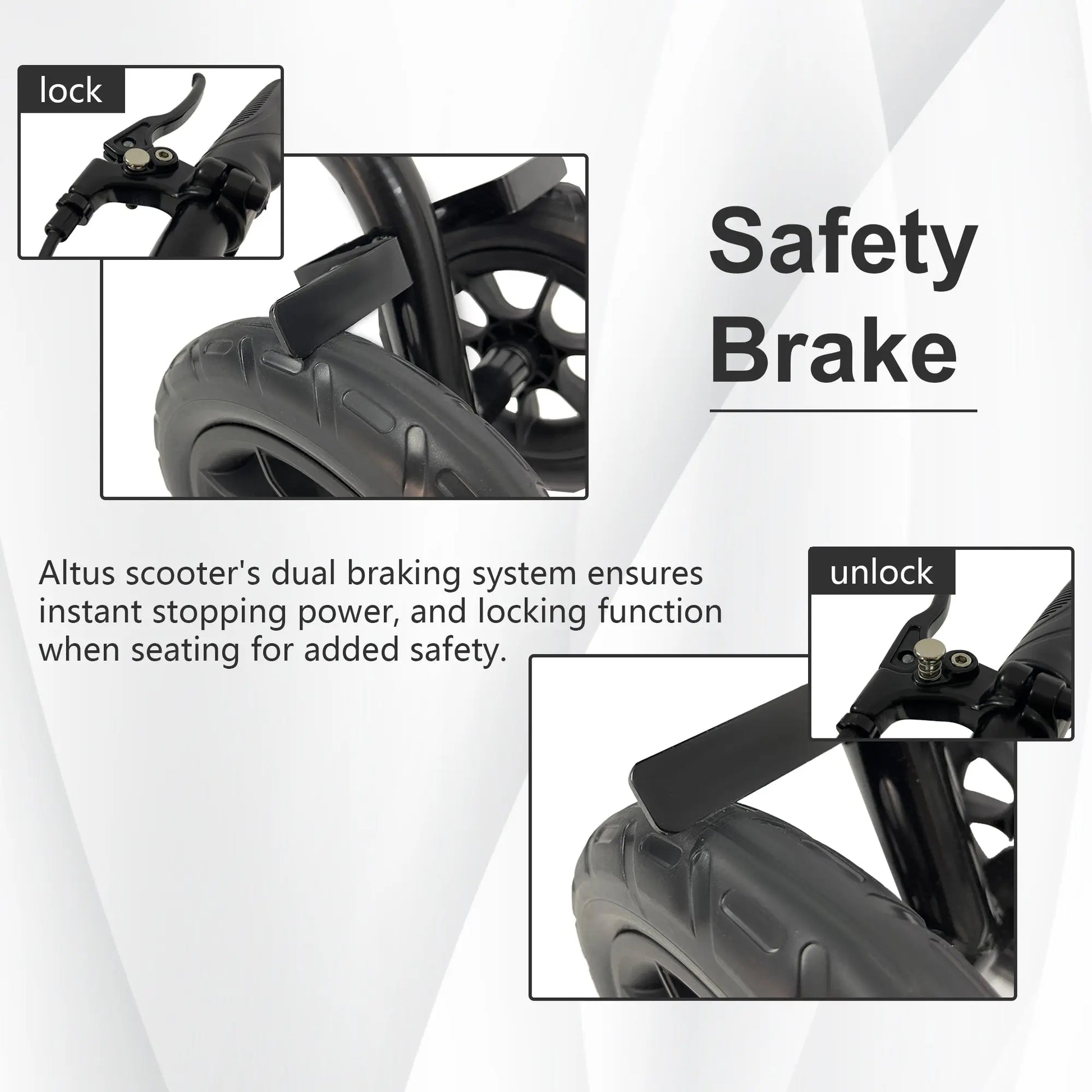 Focused view on the knee walker’s safety brake system, showcasing the lock and unlock positions. This image emphasizes the instant stopping power and added safety the dual braking system provides for users.