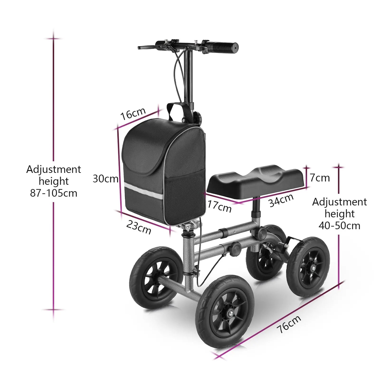 This image highlights the adjustable height feature of the knee scooter, with clear measurements for the handlebars and knee pad. The ability to customize the height ensures maximum comfort and stability for users of different heights. The image underscores the scooter’s adaptability to individual user needs.
