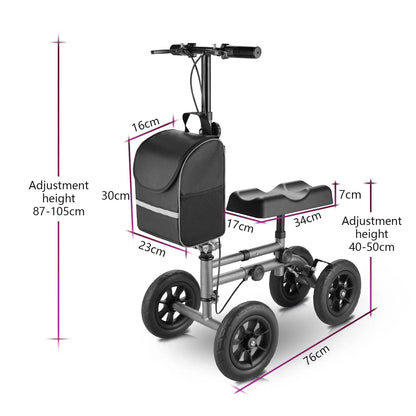 This image highlights the adjustable height feature of the knee walker, with clear measurements for the handlebars and knee pad. The ability to customize the height ensures maximum comfort and stability for users of different heights. The image underscores the walker’s adaptability to individual user needs.