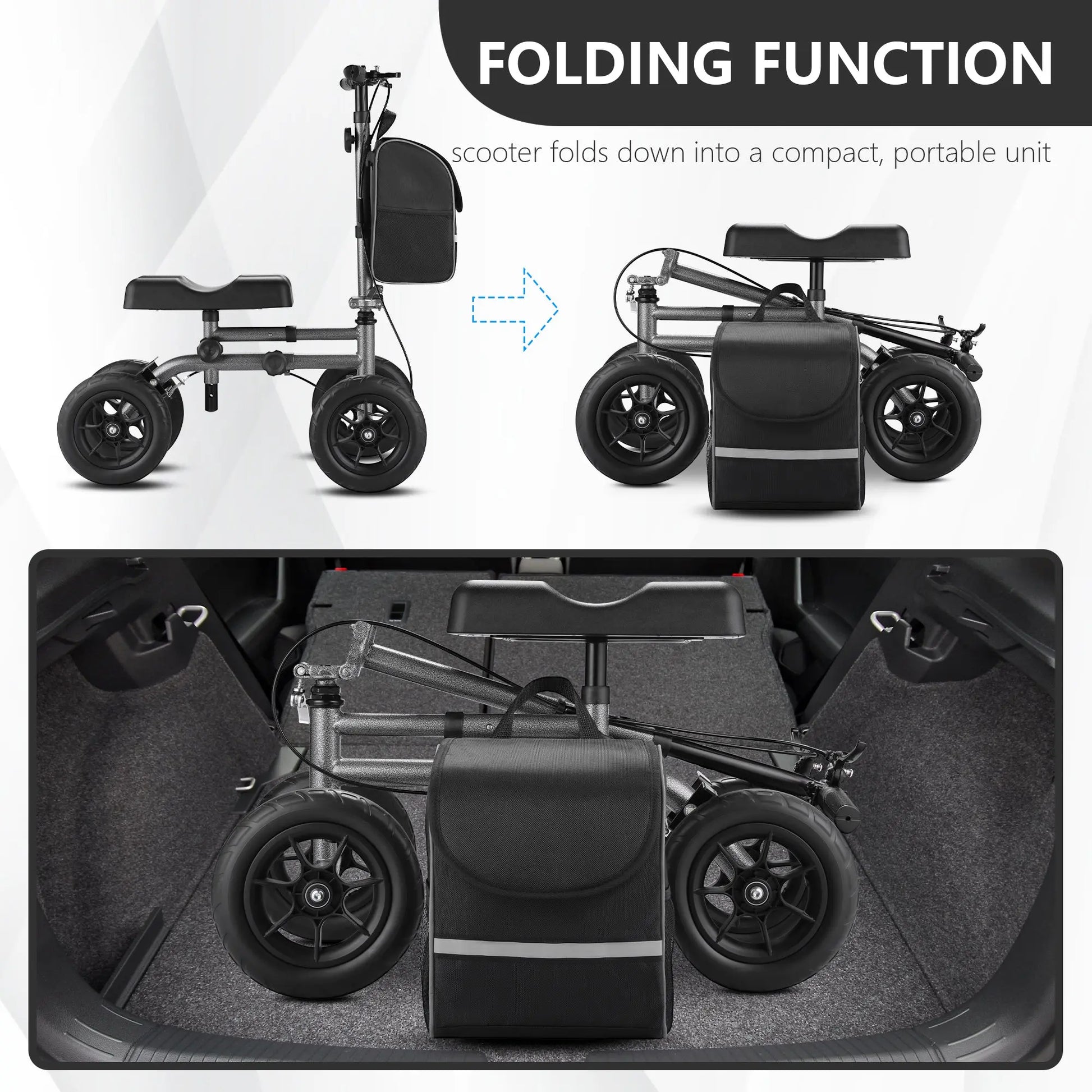 The knee scooter is shown in both its operational and folded states. This image illustrates the compact folding capability, making it easy to store and transport. The folded knee scooter fits neatly into the trunk of a car, demonstrating its convenience for travel and space-saving storage.