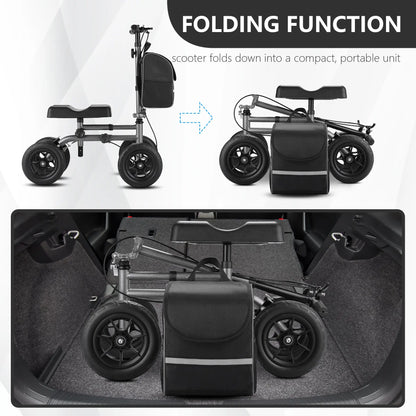 The knee scooter is shown in both its operational and folded states. This image illustrates the compact folding capability, making it easy to store and transport. The folded knee scooter fits neatly into the trunk of a car, demonstrating its convenience for travel and space-saving storage.