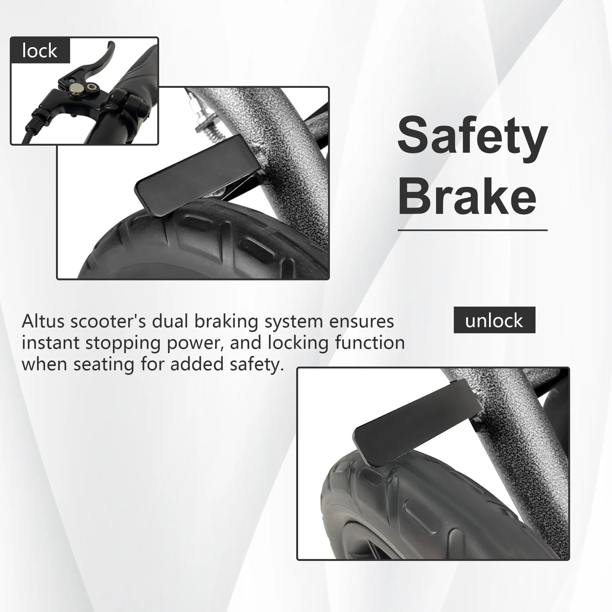 A detailed view of the knee scooter's dual braking system, emphasizing the safety brake mechanism. The image shows the lock and unlock positions, ensuring instant stopping power and added safety when the user is seated. This feature is crucial for preventing accidents and providing peace of mind to users.