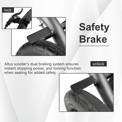 A detailed view of the knee scooter's dual braking system, emphasizing the safety brake mechanism. The image shows the lock and unlock positions, ensuring instant stopping power and added safety when the user is seated. This feature is crucial for preventing accidents and providing peace of mind to users.