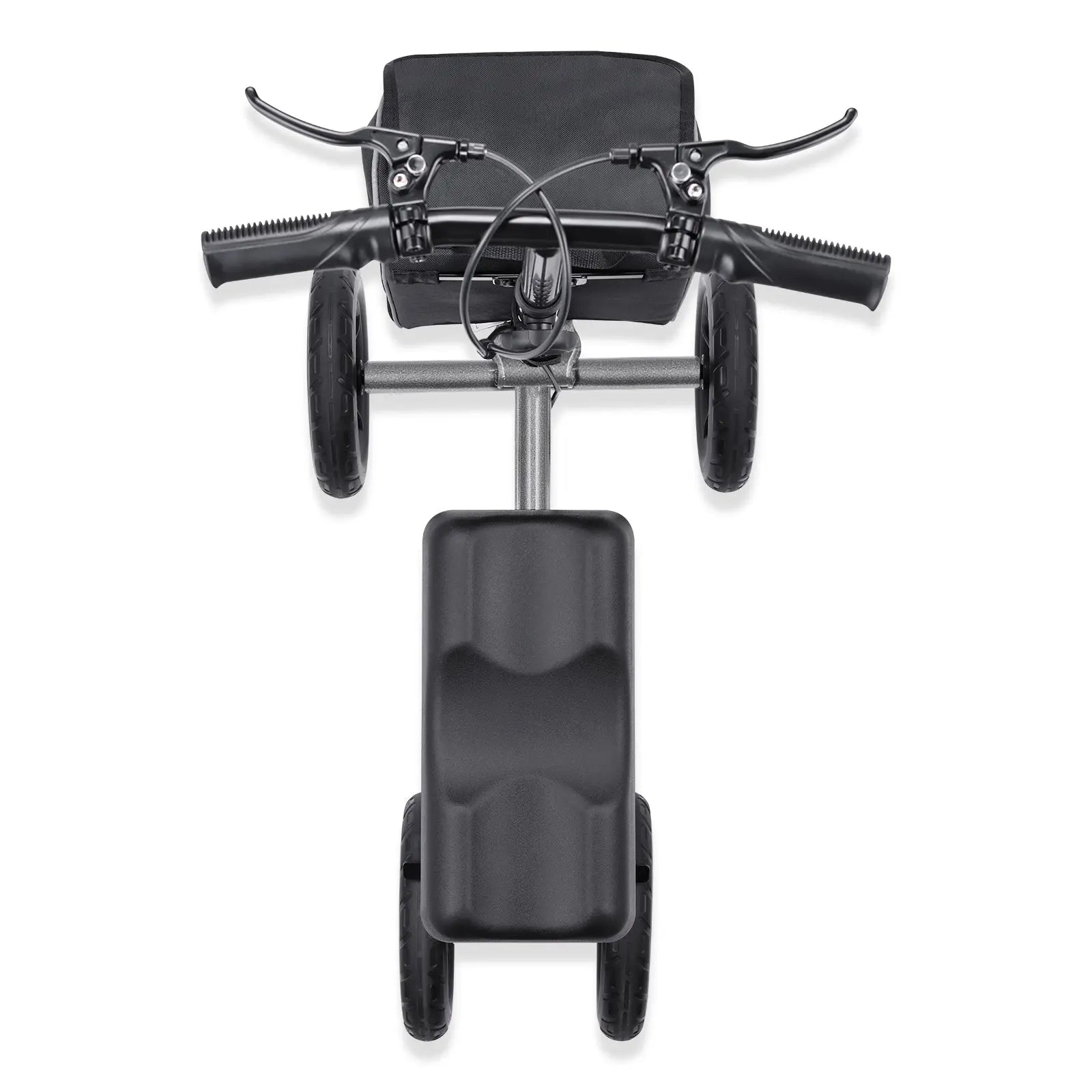 A top-down perspective of the knee scooter, showcasing the ergonomic design of the handlebars and knee pad. This angle provides a comprehensive view of the scooter's layout, including the handlebar controls and spacious knee support, ensuring ease of use and comfort for users.