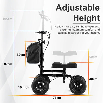 A sleek, black knee walker is shown from the side, featuring large 10-inch wheels, a comfortable knee pad, and a spacious front bag. The knee walker is designed for easy maneuverability and stability, making it ideal for individuals recovering from foot or ankle injuries. The image emphasizes the sturdy construction and practical design, showcasing its suitability for both indoor and outdoor use.