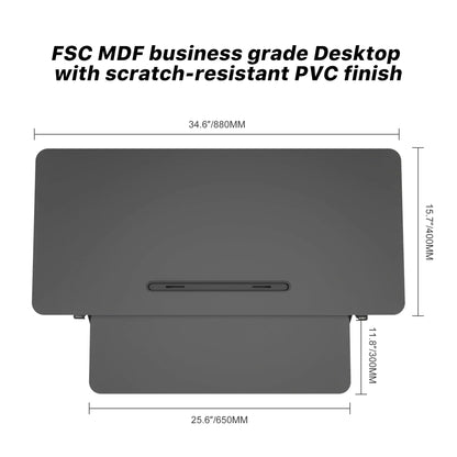 Close-up of a business-grade desktop with a scratch-resistant PVC finish, showing dimensions and cable slot openings.