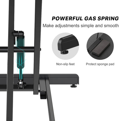 Graphic emphasizing the gas spring mechanism of a black stand-up desk converter, detailing the non-slip feet and protective sponge pad.