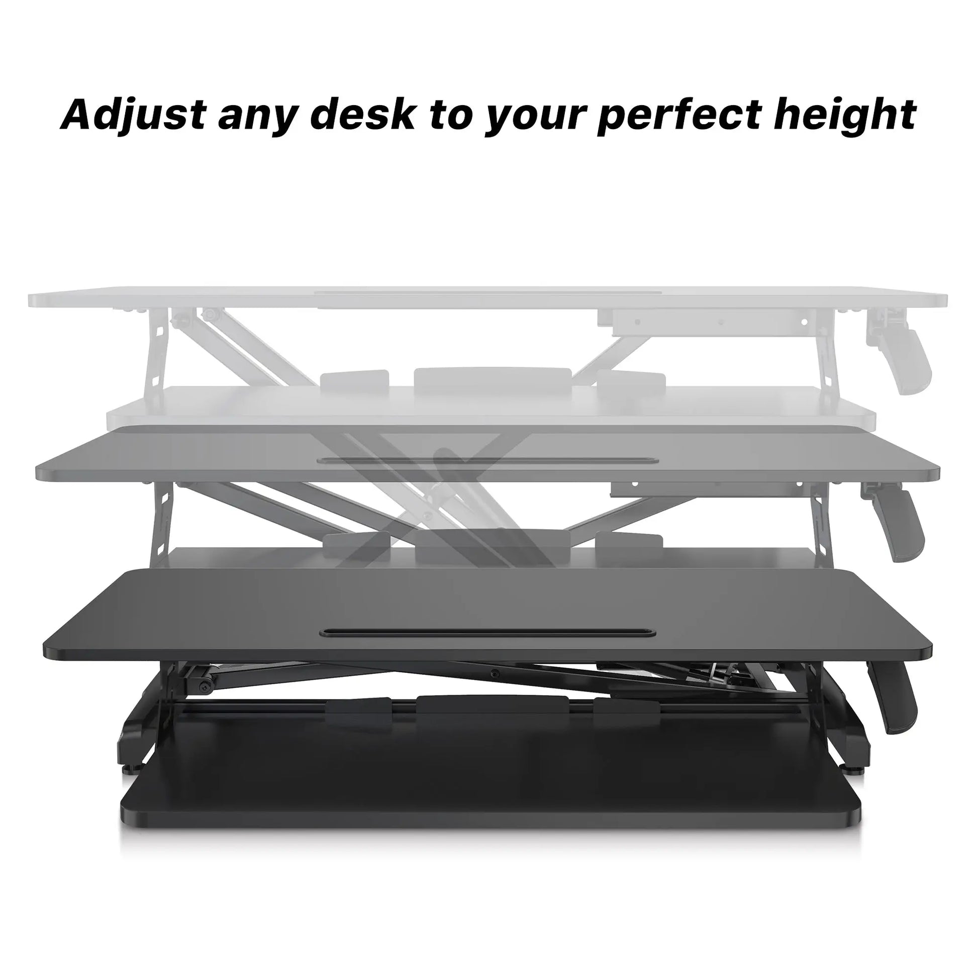 Side view illustration of a black desk converter showing adjustable height levels and design mechanics