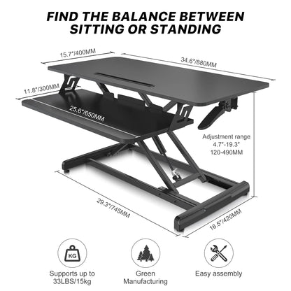 Detailed specifications of a black sit-to-stand desk converter, showing dimensions and weight capacity, highlighting its ease of assembly and green manufacturing.