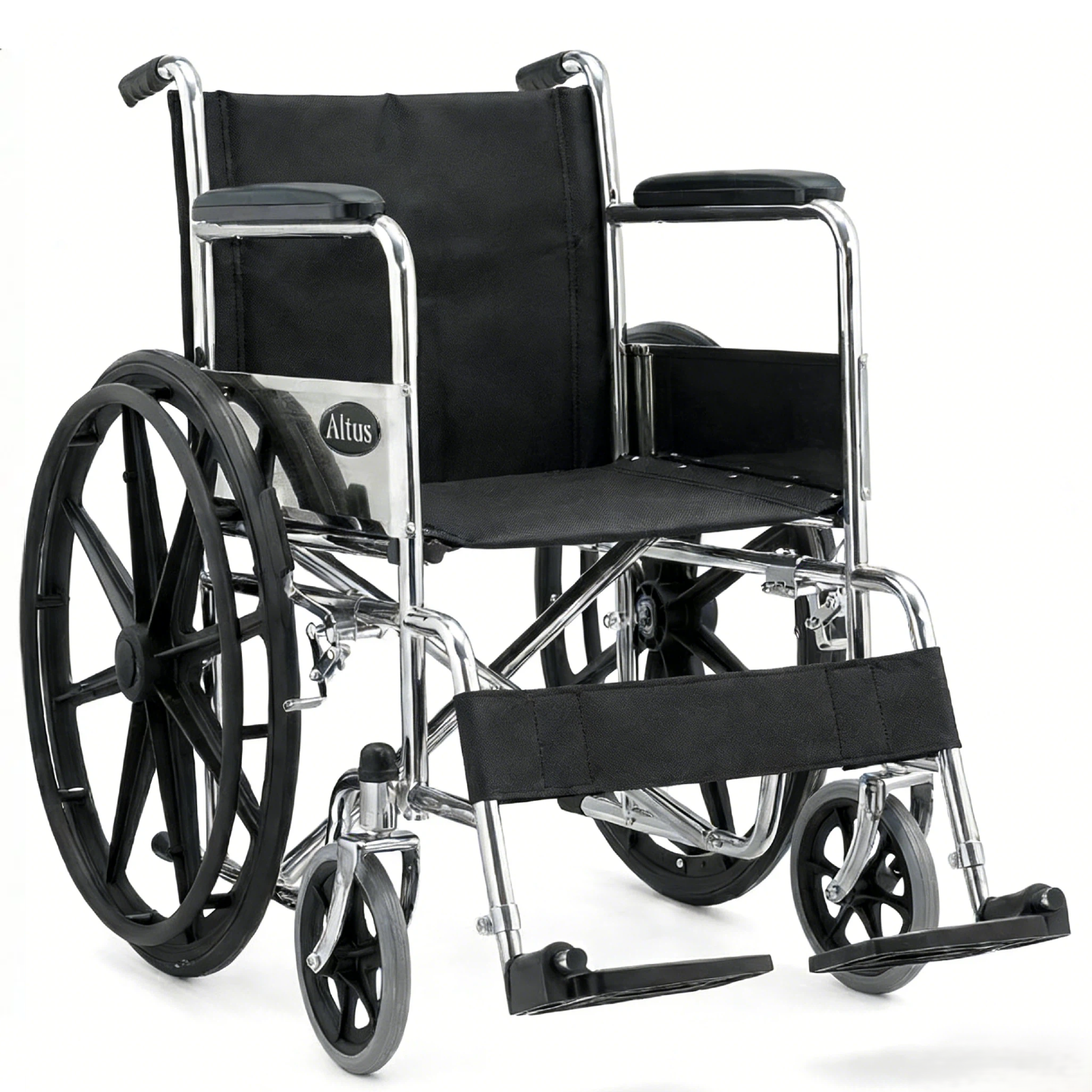 Product overview of the Altus manual wheelchair, featuring a polished chrome metal frame with black seat and backrest, equipped with 24 inch rear wheels and compact front casters for stable everyday mobility.