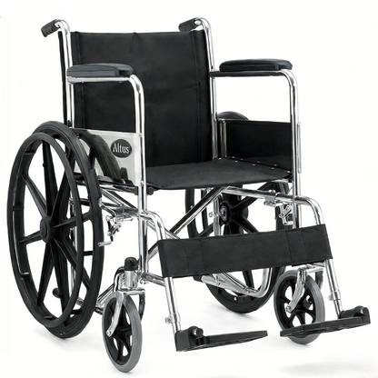 Product overview of the Altus manual wheelchair, featuring a polished chrome metal frame with black seat and backrest, equipped with 24 inch rear wheels and compact front casters for stable everyday mobility.
