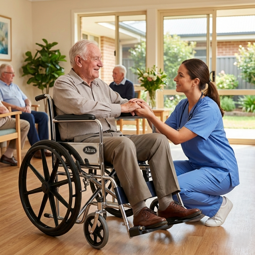 A senior man seated in the Altus wheelchair interacting with a caregiver in a bright care facility, highlighting its suitability for assisted living and daily mobility support.