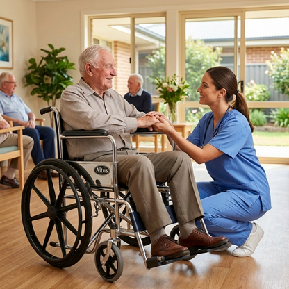 A senior man seated in the Altus wheelchair interacting with a caregiver in a bright care facility, highlighting its suitability for assisted living and daily mobility support.