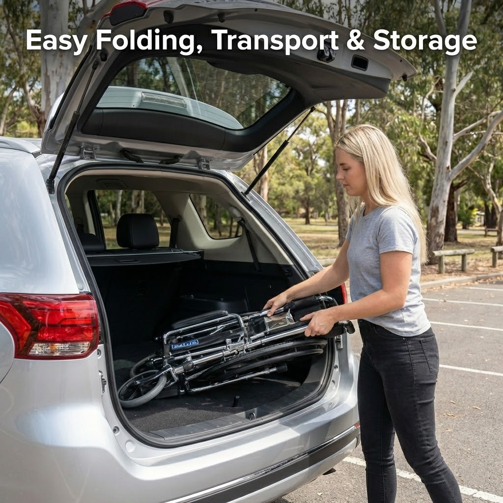 The Altus folding wheelchair quickly collapses into a compact size, making it easy to store in a car boot and convenient for travel or transport.