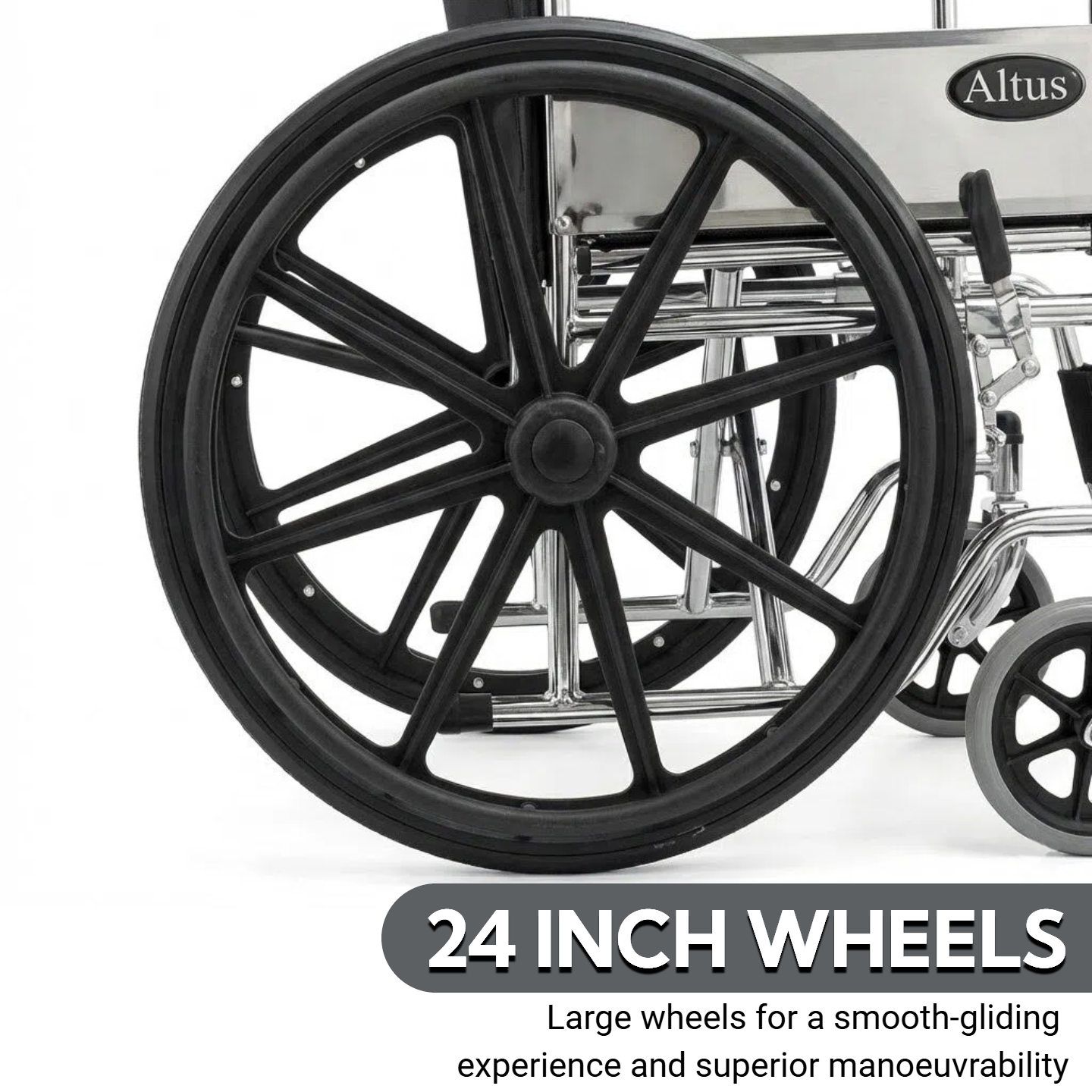 Product overview of the Altus manual wheelchair, featuring a polished chrome metal frame with black seat and backrest, equipped with 24 inch rear wheels and compact front casters for stable everyday mobility.