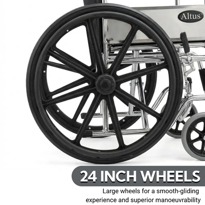 Product overview of the Altus manual wheelchair, featuring a polished chrome metal frame with black seat and backrest, equipped with 24 inch rear wheels and compact front casters for stable everyday mobility.