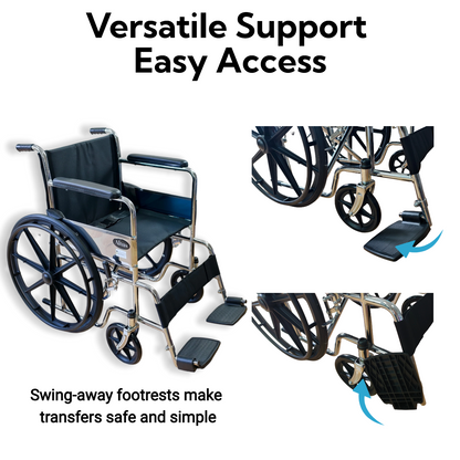 Lift up swing away footrests allow easier entry, exit, and side transfers, improving safety and convenience for wheelchair users.