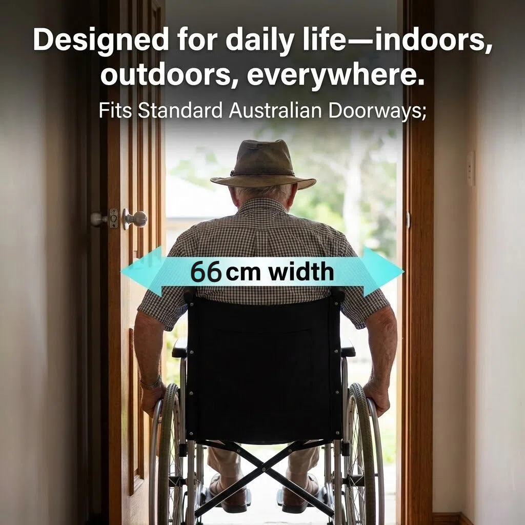 With an overall width of 66cm, the Altus wheelchair fits through most standard Australian doorways, making it suitable for daily indoor and outdoor movement.