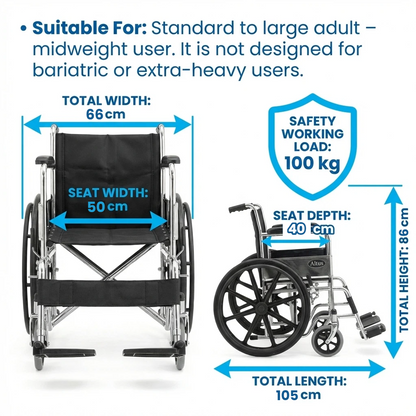 Wheelchair specifications: overall width 66cm, seat width 50cm, seat depth 40cm, total height 86cm, total length 105cm, and maximum safe user weight 100kg.