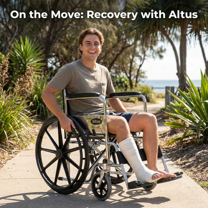 A young man with a leg cast using the Altus portable wheelchair outdoors, demonstrating its practical support during injury recovery and rehabilitation mobility.