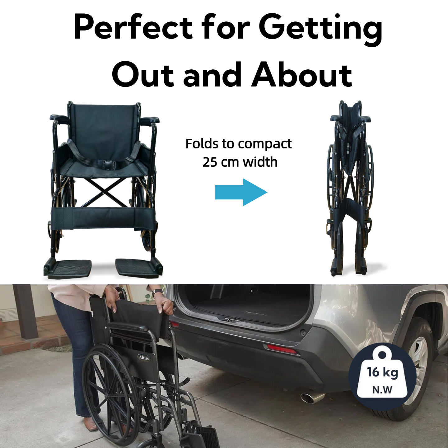 The Altus folding wheelchair quickly collapses into a compact size, making it easy to store in a car boot and convenient for travel or transport.