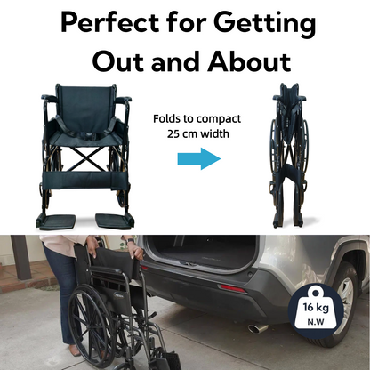 The Altus folding wheelchair quickly collapses into a compact size, making it easy to store in a car boot and convenient for travel or transport.