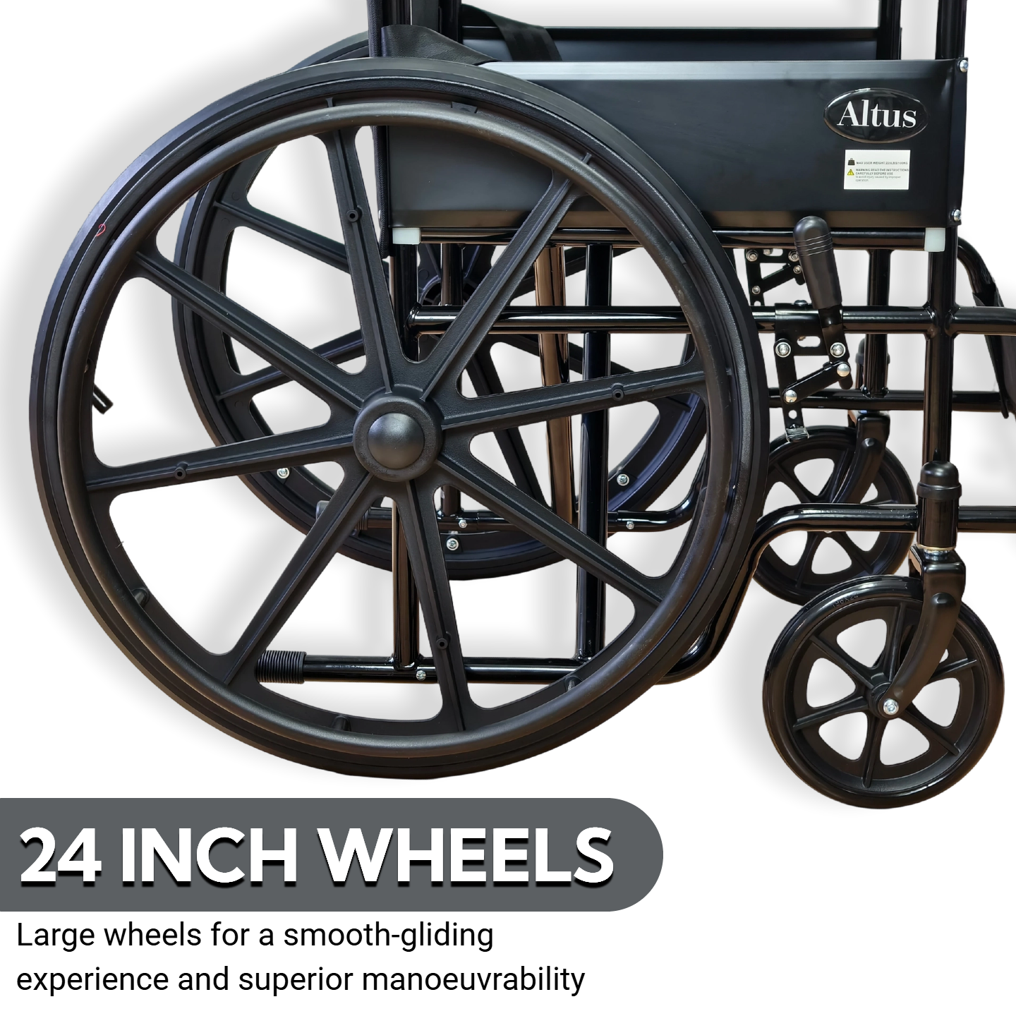 Large 24 inch rear wheels provide smooth rolling and responsive control, helping users move comfortably across everyday indoor and outdoor surfaces.