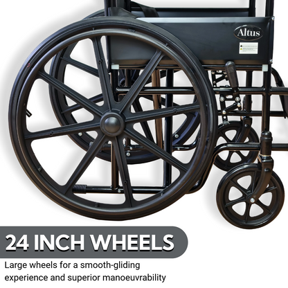 Large 24 inch rear wheels provide smooth rolling and responsive control, helping users move comfortably across everyday indoor and outdoor surfaces.