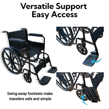 Lift up swing away footrests allow easier entry, exit, and side transfers, improving safety and convenience for wheelchair users.