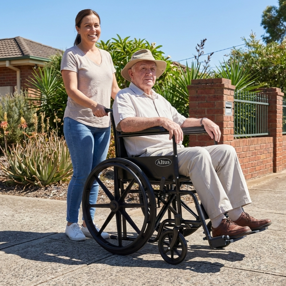 Outdoor mobility scene showing a woman pushing a senior man seated in the Altus portable wheelchair along a community footpath, demonstrating its practical use for daily travel, caregiving support, and comfortable assisted mobility.