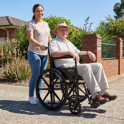 Outdoor mobility scene showing a woman pushing a senior man seated in the Altus portable wheelchair along a community footpath, demonstrating its practical use for daily travel, caregiving support, and comfortable assisted mobility.